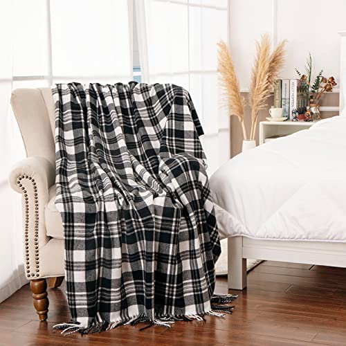 Gealaek Decorative Faux Cashmere Throw Blanket With Fringe Black And White Plaid Lightweight Fuzzy Soft Cozy Throws For Sofa Bed Farmhouse Throw Blanket 50" X 60" #TOP3
