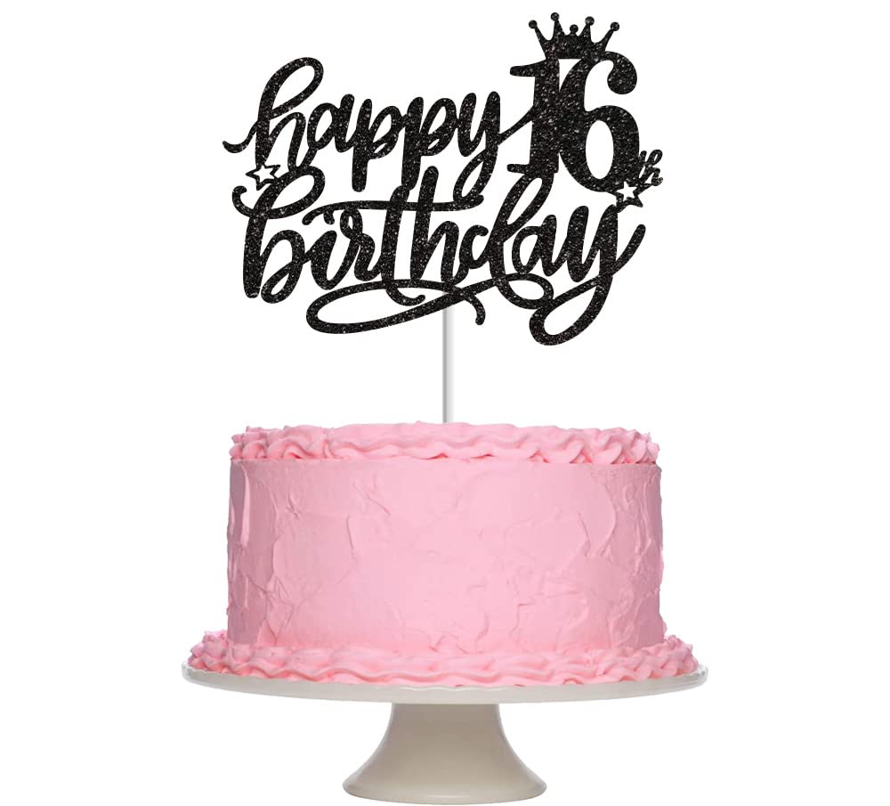 Tortenaufsatz Zum 16. Geburtstag – Lizenziert, Mit Glitzer, Aufschrift „Cheers To 16 Years“, Schwarz