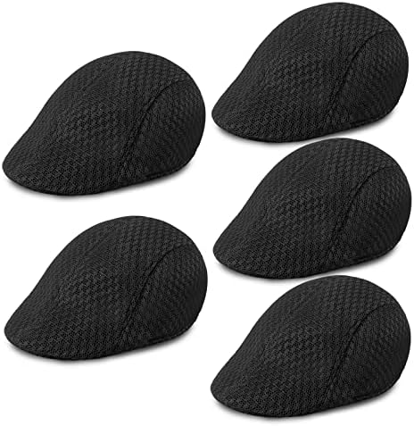 5 Pack Newsboy Hat for Men Mesh Summer Flat Cap Ivy Gatsby Cabbie Beret Cap Driving Hunting Hat with Elastic Sweatband (5Pack-Black)