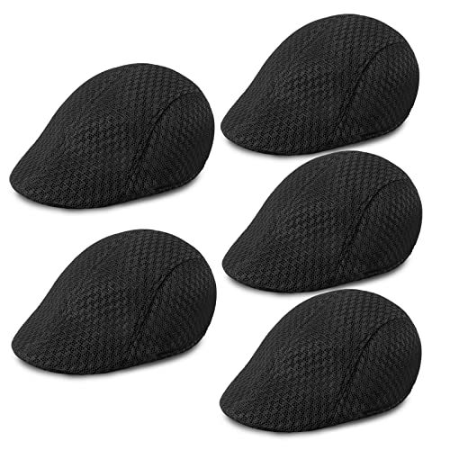 5 Pack Newsboy Hat For Men Mesh Summer Flat Cap Ivy Gatsby Cabbie Beret Cap Driving Hunting Hat With Elastic Sweatband (5Pack-Black) #TOP28