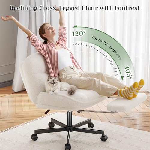 Image of DurayLoly Criss Cross Office Chair with Footrest, 26.77 inch Wide Seat | 6.3 inch Thick Cushion, 105-120 Rocking Function, Height Adjustable, 360 Swivel, Armless Design for All-Day Comfort - White