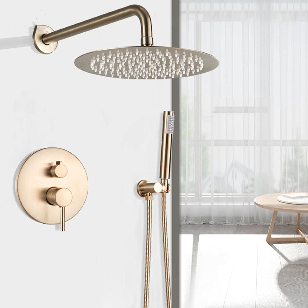 ASerZenith Brushed Gold Shower Faucet Wall Mounted Big Rain Shower Head Rainfall Bath Shower Faucet Set with Hand shower(size_name-8In)