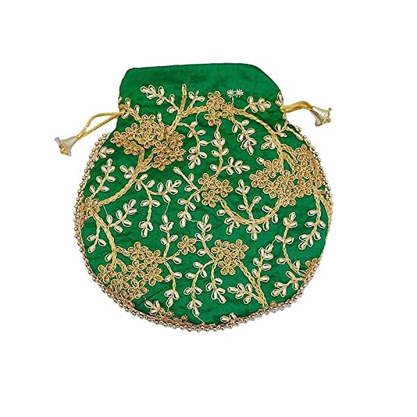 Truvic Potli bag (Pack of 2 Potli) Maroon, Green Matka Designer handbags for Women wedding party and Return gift potli bags for party accessories .Outer Golden Embroidered Design - Image 3