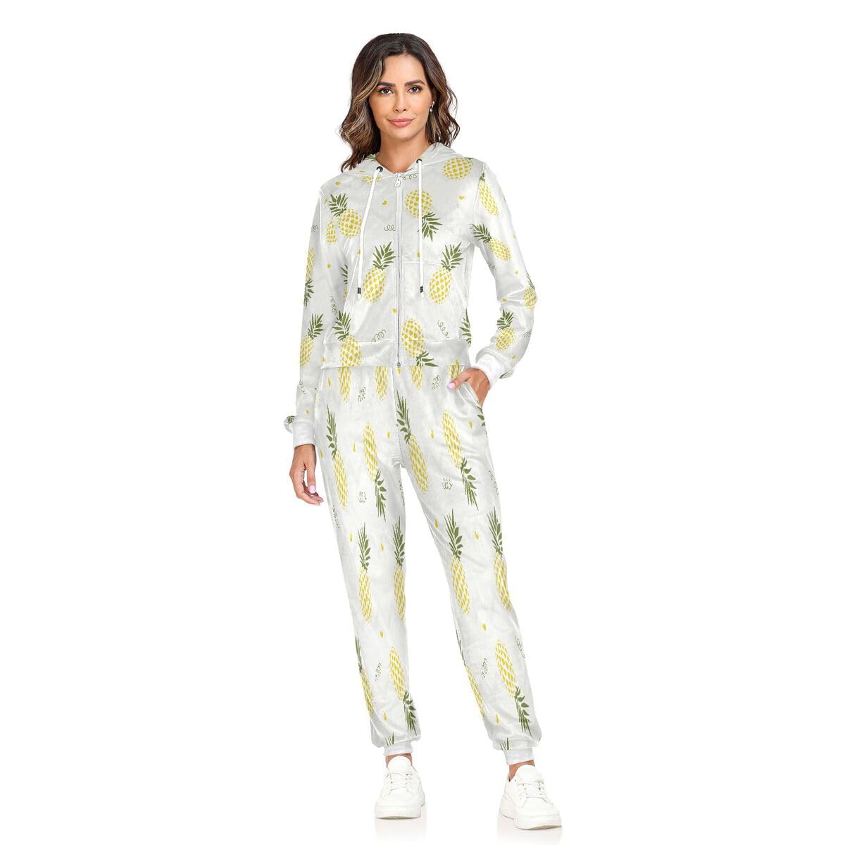 Conjunto deportivo de 2 piezas para mujer, diseño de piña, fruta, manga larga, conjunto deportivo en zigzag