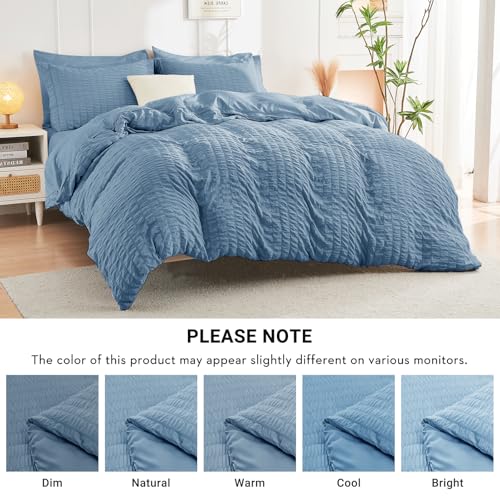 Image of HYMOKEGE Mineral Blue Full Size Comforter Sets Seersucker 7 Pieces, All Season Luxury Bed in a Bag for Bedroom, Bedding Set with Comforter, Sheets, Pillowcases & Shams