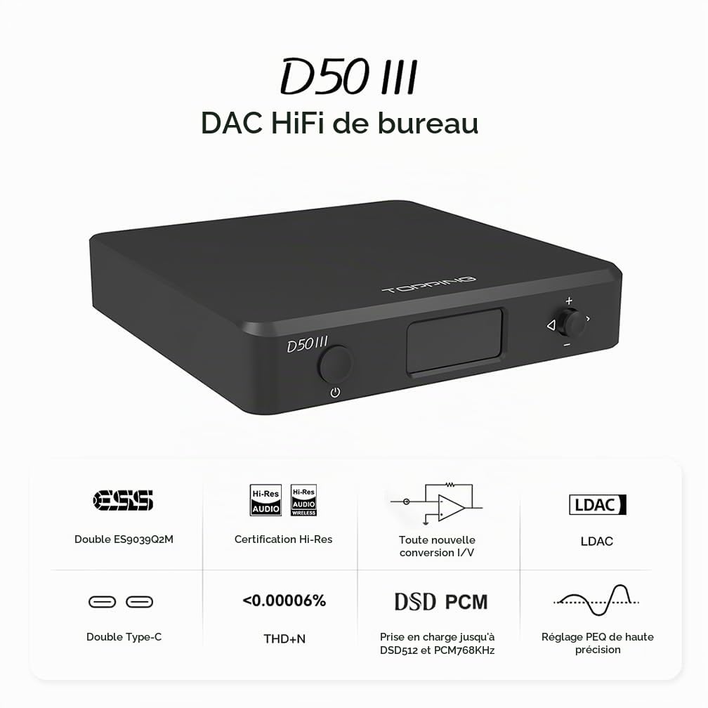 TOPPING D50 III 2x ES9039Q2M Balanced DAC: XU316 DSD512 PCM768kHz USB DAC, entrée BT5.1/USB/optique/coaxial Convertisseur vers sortie RCA/TRS, HiFi Audio Preampli DAC supporte USB PEQ/12 Trigger, Noir