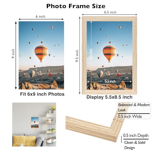 Image of JCJMY 6x9 Picture Frame for Wall Hanging or Tabletop, Wall Mounting Horizontally or Vertically, 6 x 9 Wall Gallery Poster Photo Frame with Shatter Resistant Plexiglass, Natural