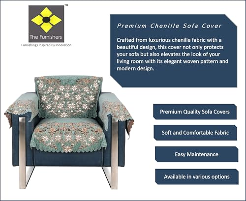 Image of Premium Chenille Woven Anti-Slip 1 Seater Sofa Cover with Arm Rest | L-Shape Sofa Seat Protector for Living Room | Durable & Stylish Slipcover Teal Phoolkari