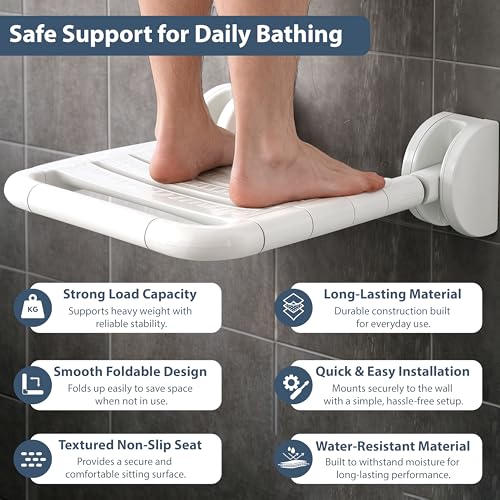 Image of Eldrix Shower Seat for Bathroom | Foldable Bathroom Seater for Bath | ABS Wall Mounted Shower Seat for Senior Citizen (White)