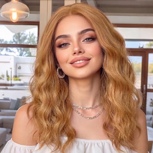 AISI HAIR Beginner Friendly Wigs Strawberry Blonde Wig for Women Medium Length Wave Curly Glueless Synthetic Heat Resistant Hair Wigs for Daily Party Cosplay