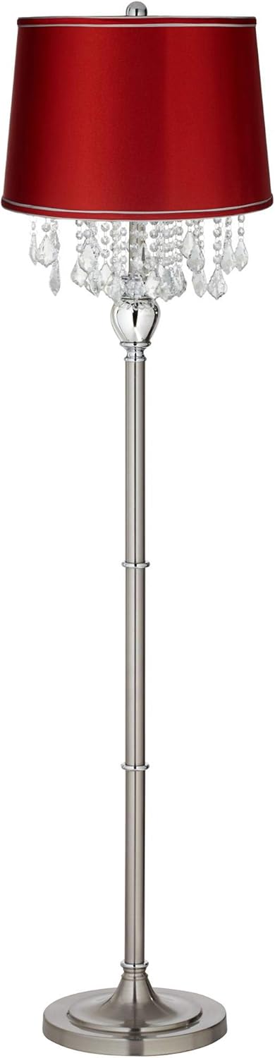 360 Lighting Modern Chandelier Style Floor Lamp Standing Base 62.5" Tall Brushed Nickel Chrome Crystal Accents Red Satin Drum Shade Decor for Living Room Reading House Bedroom