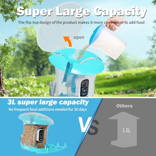 OIRHNL® 3L Capacity Smart Bird Feeder with Camera – Identifies 10,000+ Bird Species, 2K HD AI Recognition, Solar Powered, 64G SD, Water Bowl &#038; Fruit Pin, Auto Capture, 2.4G WiFi, Instant Alerts