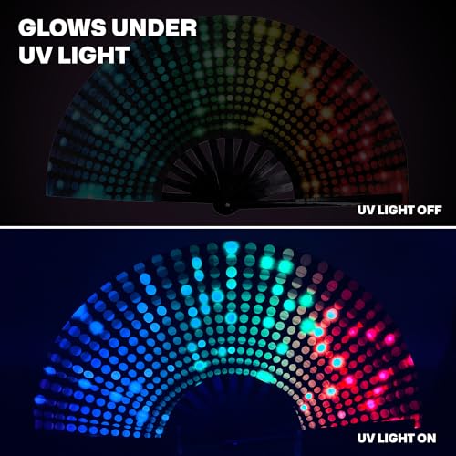 SoJourner Bags Bright Lights Rave Fan - Large Folding Clack Fan for Men and Women - Rave Accessories for EDM, Line Dancing, Cosplay, Concerts and More