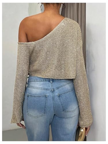 Milumia Women's Glitter Off The Shoulder Crop Sweater Long Sleeve Knitted Party Club Tops3