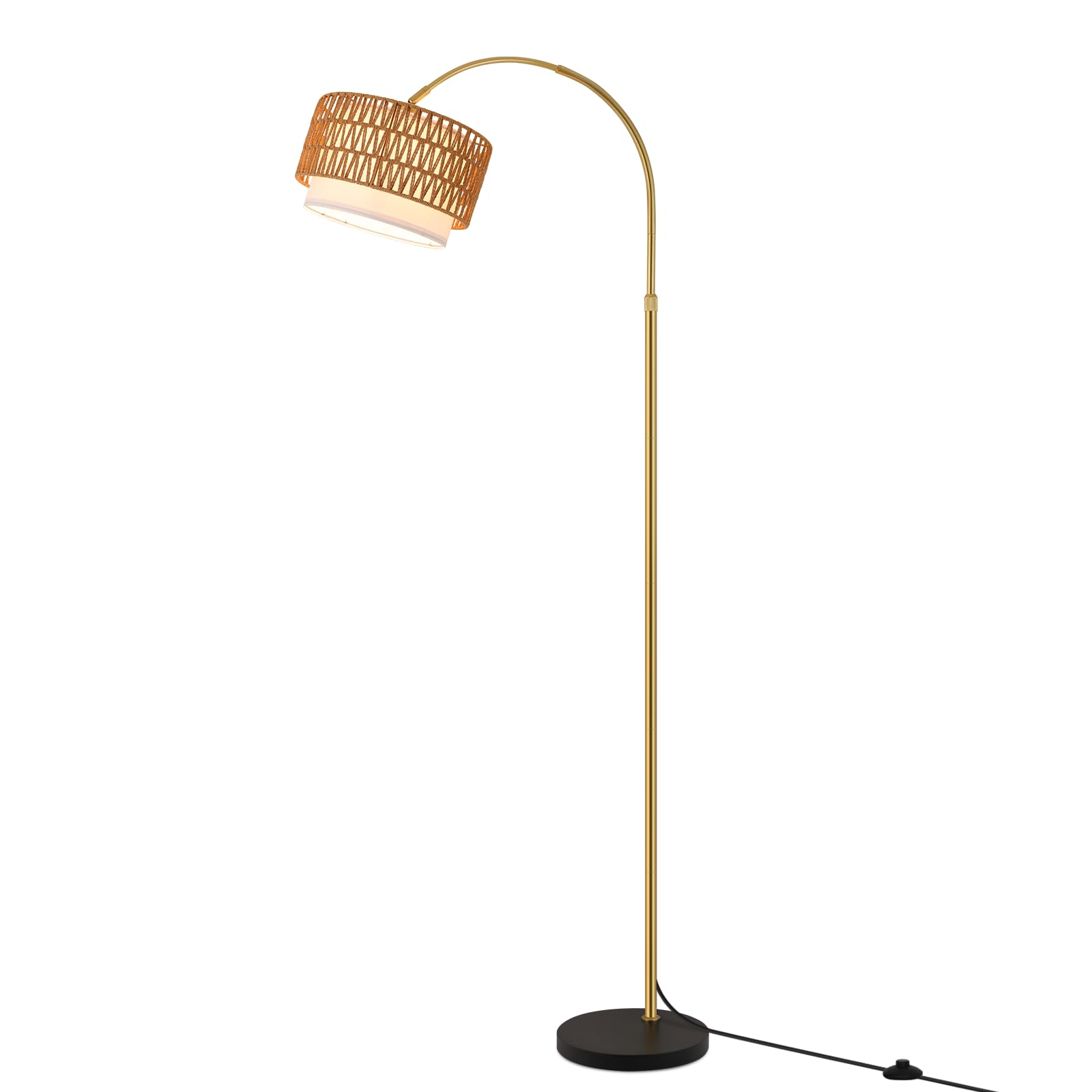 Lampada da terra ad arco per soggiorno, stile boho dorato: lampada da terra in rattan, dimmerabile con telecomando, lampada ad arco incl. 1 LED da 9 W adatta per ufficio e camera da letto