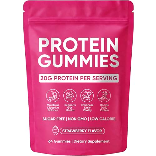 Protein Gummies 20g Protein per Serving Plant-Based Support Hair Skin Nails Boost Daily Vitality Whey Protein Supplement for Women Men Zero Sugar Low Calorie Strawberry Flavor 64 Gummies