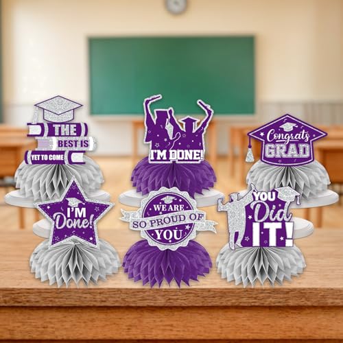 Image of 12pcs Graduation Table Decorations 2026, Purple Graduation Decorations 2026 Purple and Silver Graduation Centerpieces for Tables,Class of 2026 Centerpieces Honeycomb for Congrats Grad Table Decor