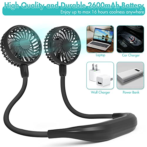 Comlife Portable Neck Fan, 2600Mah Battery Operated Ultra Quiet Hands Free Usb Fan With Strong Wind, 360° Adjustable High Flexibility Wearable Personal Fan For Home Office Outdoor Travel (Black) #TOP4