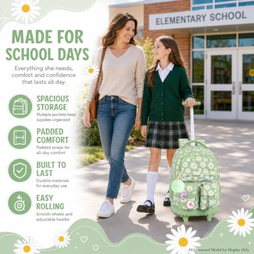 WZLVO 3PCS Roller Backpack, Water Resistance Girls Rolling Bookbag with Wheels, Women Aesthetic Wheeled School Bag, Set with Lunch Bag & Pencil Bag for Teens & Kids - Green Chrysanthemum by WZLVO - Used condition - Image 6