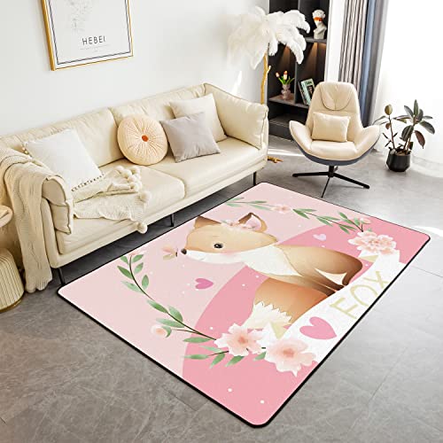 Homemissing Dessin Animé Renard Tapis De Salon 100x150cm Mignon Renard Animal Chambre À Coucher Bois Nature Faune Feuilles Rose Vert Décoratif