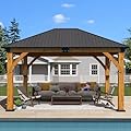 Raysfung 11' x 13' Upgraded Wood Gazebo, Spruce Wooden Gazebo with Galvanized Steel Roof, Outdoor Wooden Hardtop Gazebos for Deck, Backyard