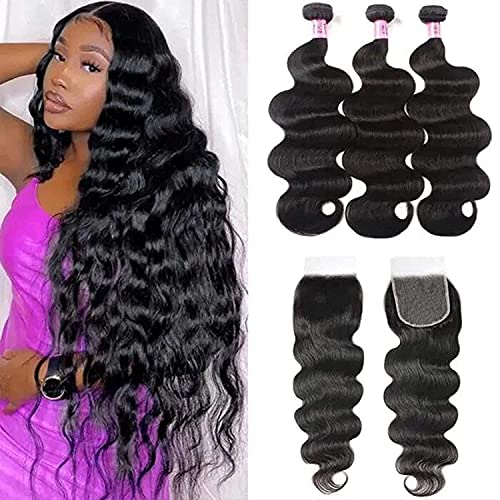 UNice Hair HD Lace Closure 5x5 Invisible Knots Lace Closure with 3 Bundles, Peruvian Body Wave 100% Human Virgin Hair with Transparent Lace Closure Natural Color 20 20 20+18inch