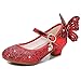 Monissy Fille Princesse Chaussures en Cuir et Paillettes Sandales à Talon Haut Bout Fermé Papillon Grande en Arrière Scratch Brillant Cristal Chaussures Noël Printemps Autumne, Rouge, 26 EU