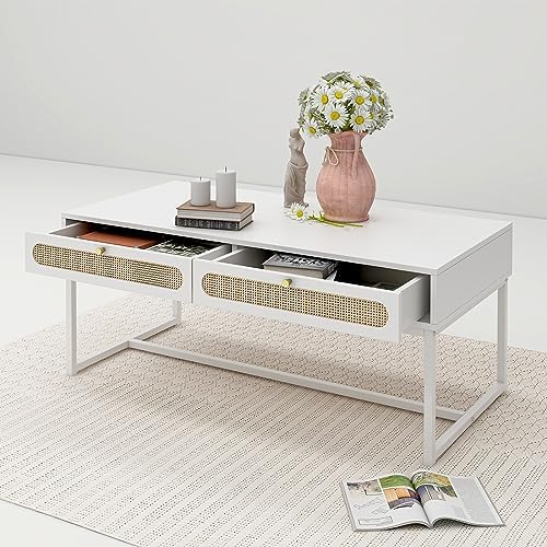 vistavie White Boho Coffee Rattan Mid-Century Modern Wooden Center Table, 2-Drawer Home Furniture for Living Room,w/Wicker Storage Compartments, Oak Wood Grain Finish, Metal Frame & Knobs