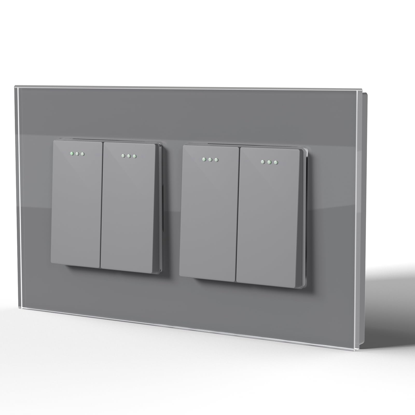 BSEED Electrical Wall Light Switch,Rocker Button wih LED Backlight,10A Toggle On/Off,Glass faceplate, Horizontal & Vertical Mounting,Double 2 Gang 1 Way,146mm Grey
