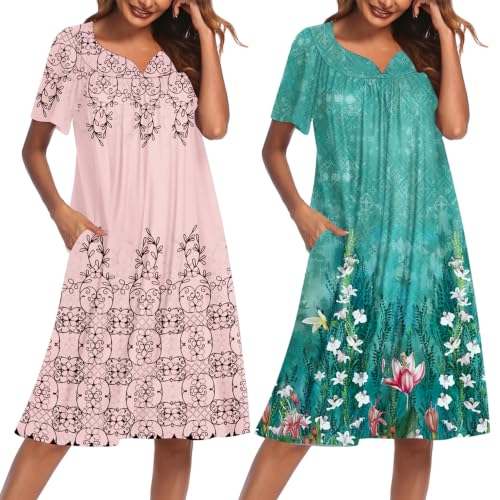 Image of Ekouaer 2 Pack House Dresses for Women with Pockets Short Sleeve Moo Moos