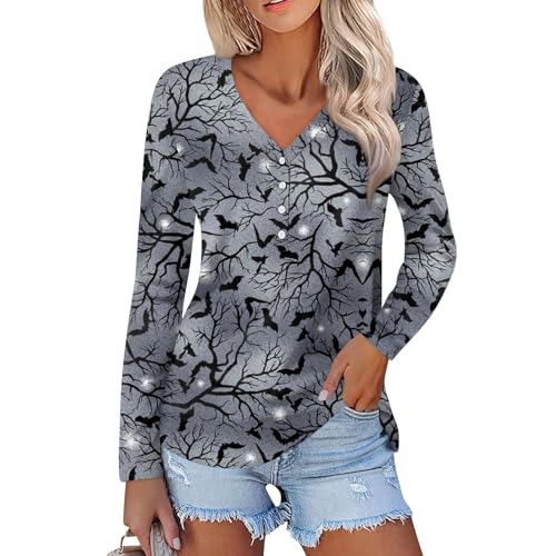 Ladies Long Sleeve Weekend Tunic Basic V-Neck Tee Bat Casual Shirt Halloween Printing Decorative Button Fashion Tops Ladies Long Sleeve Weekend Tunic Basic V-Neck Tee Bat Casual Shirt Halloween Printing Decorative Button Fashion Tops