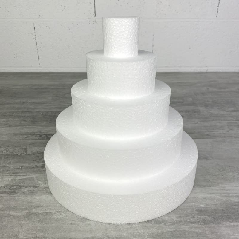 Lealoo Pièce montée Haut. 25 cm en polystyrène, Base Ø 25cm à 5cm, 5 disques de 5cm de Haut, pour gâteau Styropor