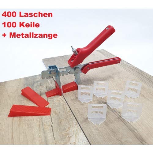 Fliesen Nivelliersystem Rot Fliesenstärke 3-12 mm Basis+-Set 2 mm 400 Laschen 100 Keile + Zange -Verlegesystem Fliesenverlegung Fliesenverlegehilfe Fliesenverlegesystem Fliesennivelliersystem