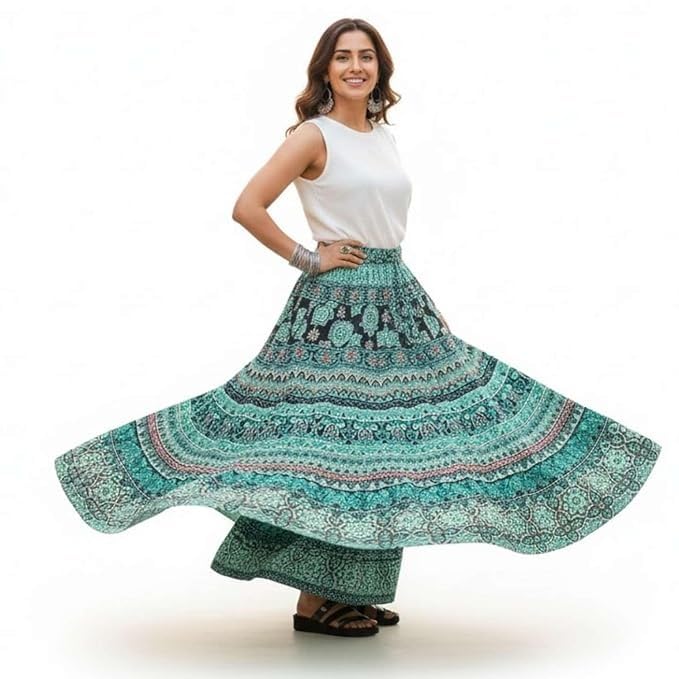 Image of HARSHITA-Enterprises Jaipuri Women's Cotton Printed Elastic Long Skirts