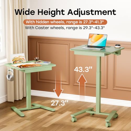 Image of Small Mobile Standing Desk with Drawer, 23.6 inchx19.7 inch Rolling Laptop Cart on Wheels, Height Adjustable Sit Stand Computer Workstation with Storage for Compact Space, Sage Green