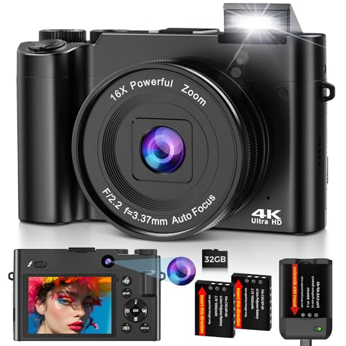 Fotocamera Digitale 4K 64MP con Doppia Camera, Autofocus e Zoom Digitale 16X, Macchina Fotografica Digitale con Schermo IPS 3', Funzione Webcam, 2 Batterie e Scheda 32GB per Principianti e Adolescenti