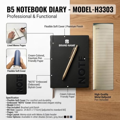 Image of A5 Premium Leatherette Diary Notebook with Metal Pen, Ruled Journal for Office Meetings, Daily Planner, Business Notebook, Writing Journal, Work Organizer, Executive Notebook for Men & Women