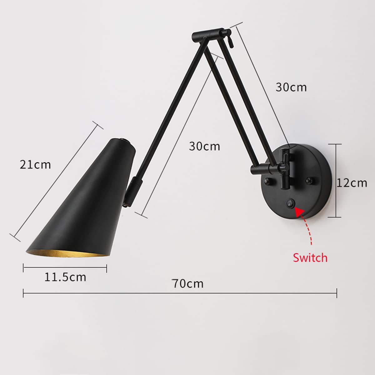 QJUZO Vintage wandlamp met stekker, wandlamp bed met schakelaar en kabel, E27 verstelbare wandspot van metaal, zwarte wandlamp voor binnen, voor slaapkamer en woonkamer