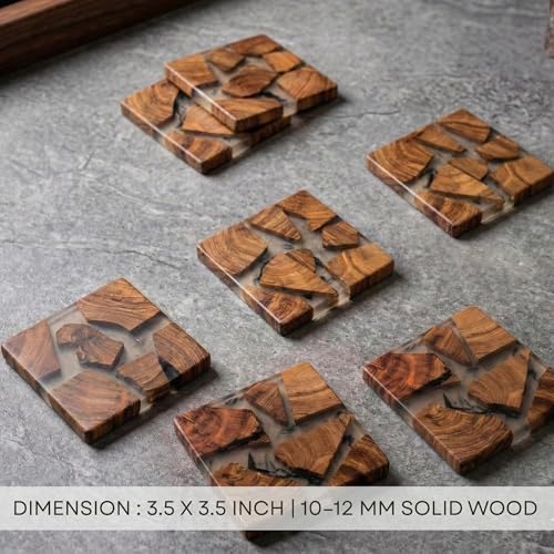 Image of Coaster Set of 4 for Dining Table - Premium Wooden Coasters with Resin Design - Tea, Coffee & Glass Drink Coasters - Luxury Table Coasters for Office Desk, Kitchen & Home Decor