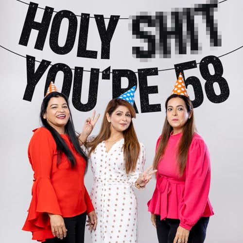 Image of Black Glitter Holy Shit You're 58 Banner, Happy 58th Birthday /Cheers to 58 Years, Funny 58 Years Old Birthday Party Decorations Supplies