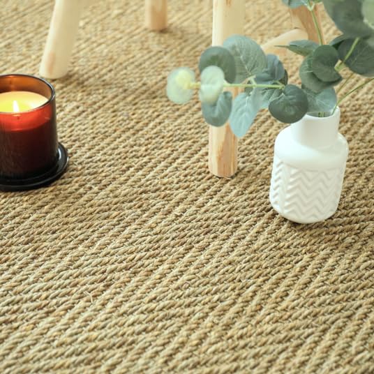 Decoweb Tapis Jonc de mer Bihar Fin Chevron - Ganse Coton Beige - 120 x 170 cm