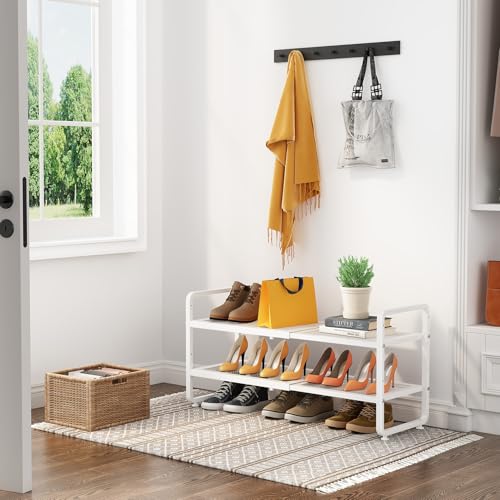 Image of SNTD Shoe Rack - Expandable Shoe Organizer for Closet, Adjustable Metal Shoe Shelf Storage, Stackable Long Shoe Stand Holder for Garage, Entryway, Door Entrance (White, 2-Tier)