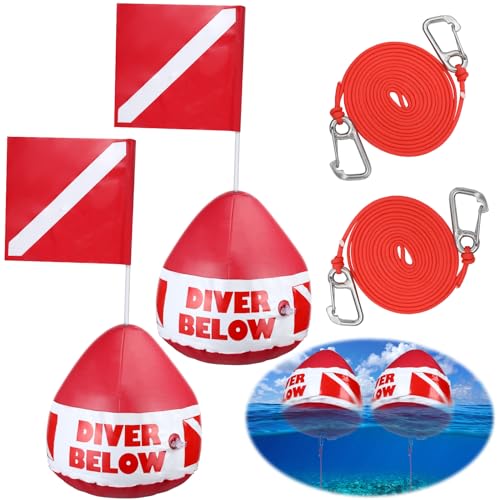 Maitys Heavy Duty PVC Dive Flag Float Freediving Rope Set Inflatable Signal Floater with Dive Flag Freediving Lanyard Leash for Snorkeling Water Sport Signaling Swimming Boating Fishing (1 Set)