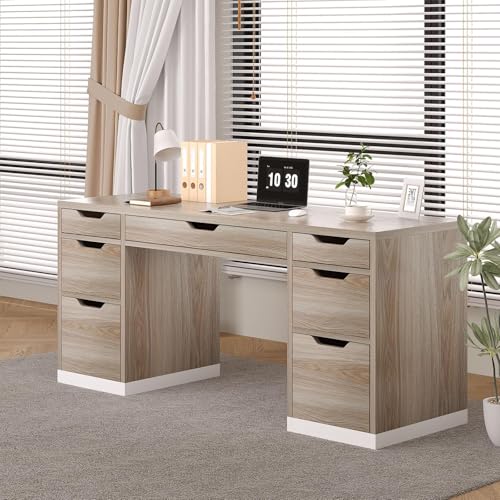 MaverickFurni 54 Inch Computer Desk with Storage Drawers, Executive Desk with 7 Drawers for Bedroom, Office Desk with File Cabinet for Work Study Writing, Small Spaces, White and Walnut