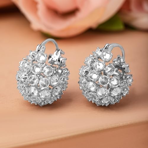 Image of Rubans Rhodium-Plated Cubic Zirconia Cluster Design Statement Hoop Earrings