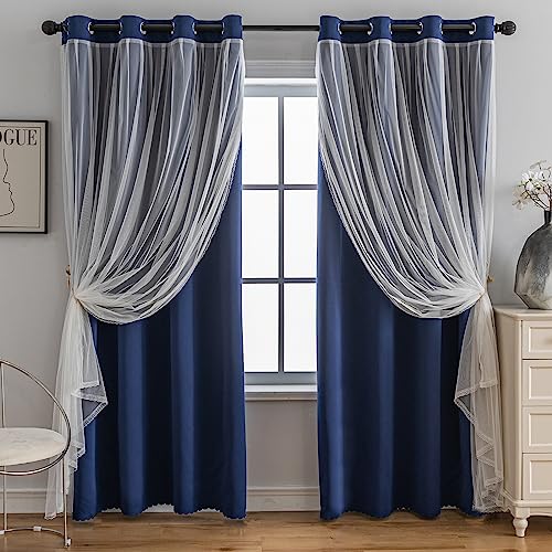 Image of Anytime Double Layer Blackout Curtains 2 Panels,52Wx63L,Navy Blue | Sheer And Fabric Window Drapes Grommet Top Solid Color Bedroom Living Room Home Decor