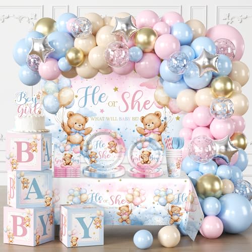 cocomigo 232pcs Bear Gender Reveal Decorations Complete Party Set, He or She Baby Gender Reveal Decorations, Boy or Girl Bear Theme Party Supplies, Serves 20 Guests