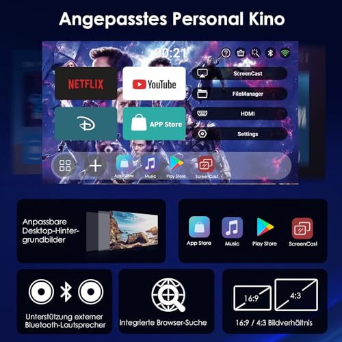 WOLFANG Mini Beamer【Integrierte Apps & WiFi 6】 1080P Tragbarer Projektor mit Bluetooth 5.4 und Auto Vertikale Trapezkorrektur, Beamer Heimkino mit 180° Ständer, Kompatibel mit iOS/Android/PC/TV-Stick