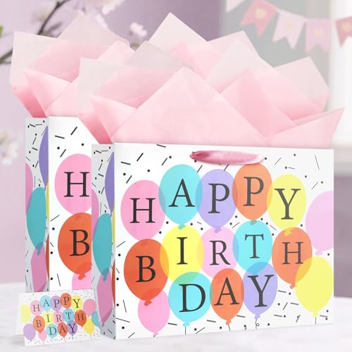 Image of JMANNI Large Happy Birthday Gift Bag with Tissue Papers and Greeting Card,Portable Paper Gift Bags with Handles,Present Bags for Women Birthday Party Supplies 13 inch x10.2 inchx4.7 inch(Coloured Balloon)