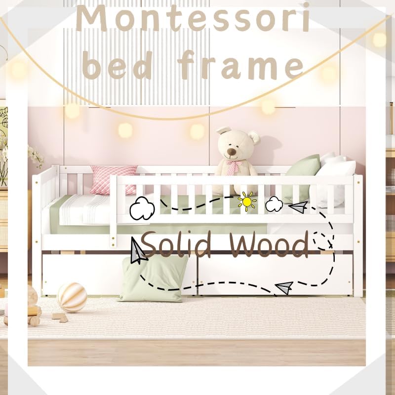 Full Size Bed Frame with Fence Railings and Storage Drawers, Wooden Montessori Style Kids Beds with Slats Support, Dual-use Daybed for Bedroom and Living Room, White